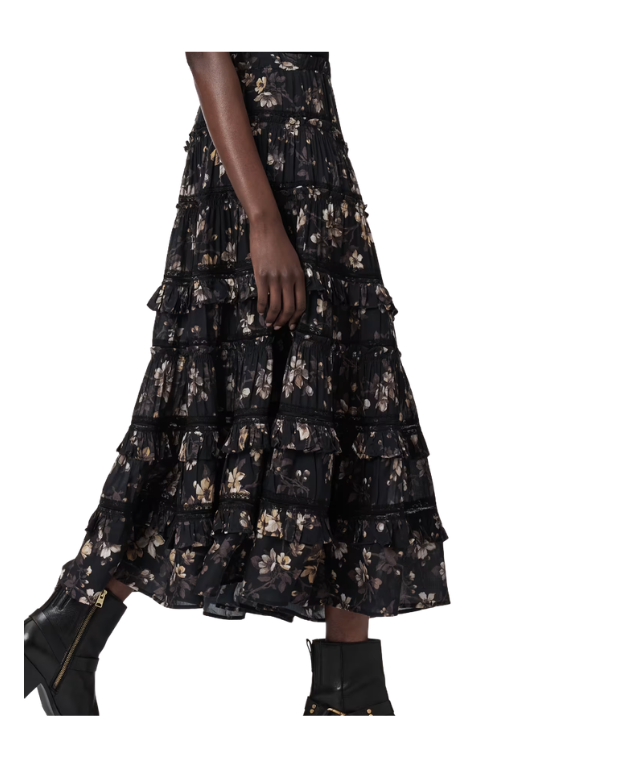 AllSaints TALIA Printed Midi Skirt in vine black with elasticated waistband and tiered lace frill detailing.