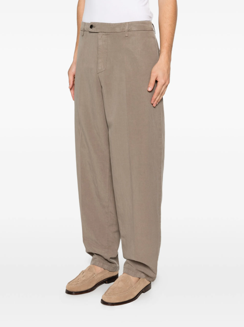 Dondup Mason trousers in brown linen-lyocell blend with relaxed fit, pressed creases, and chino styling.