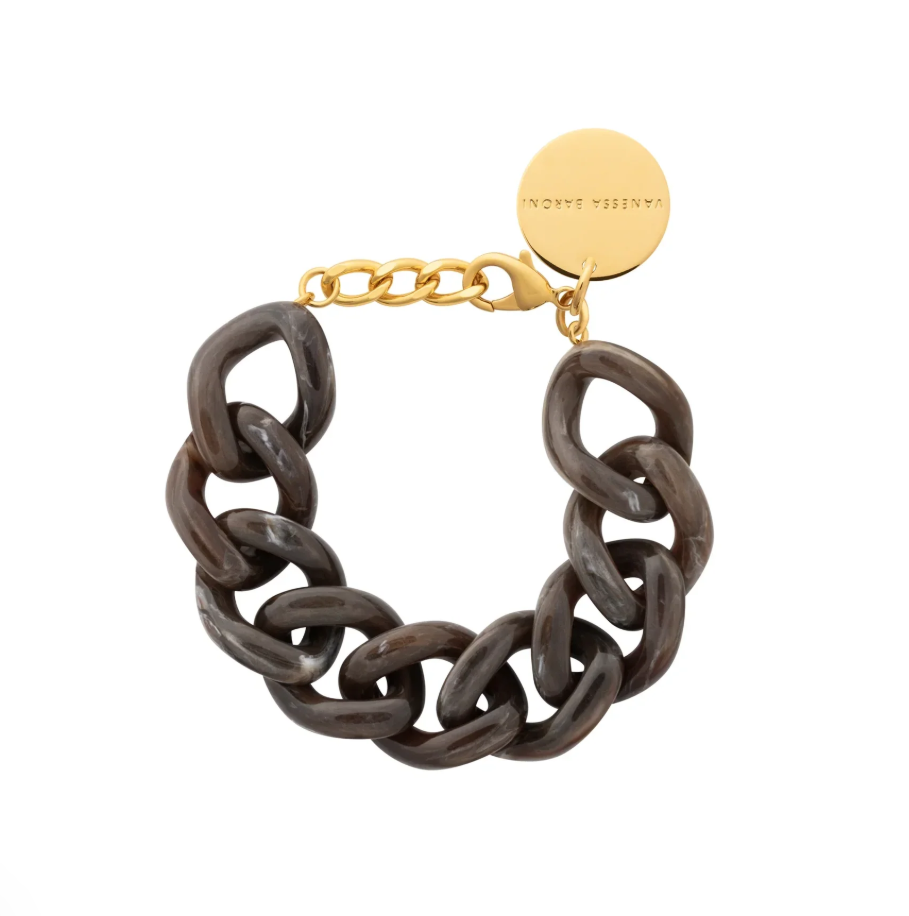 Vanessa Baroni Flat Chain Bracelet in Dark Brown Marble with sculptural acetate links and an adjustable fit. Made in Italy.