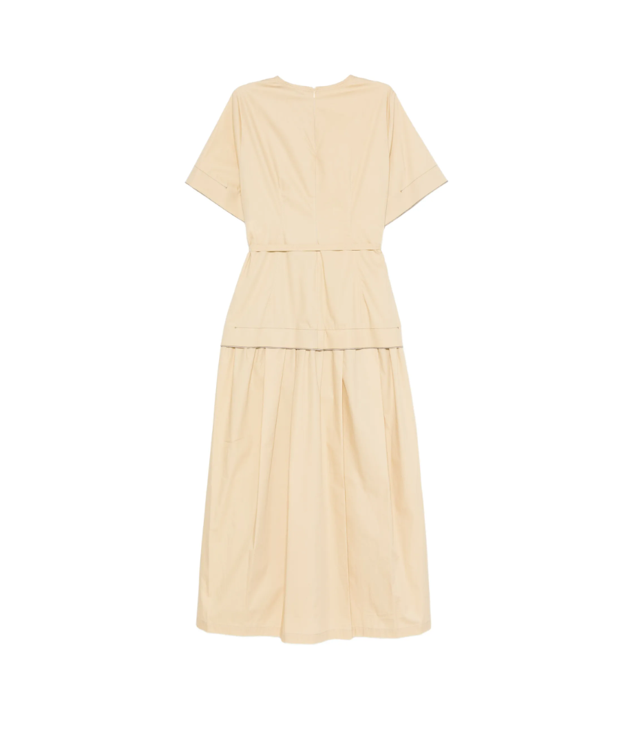 Tela D. Lost midi dress in beige with pleated skirt, belt, and short sleeves.