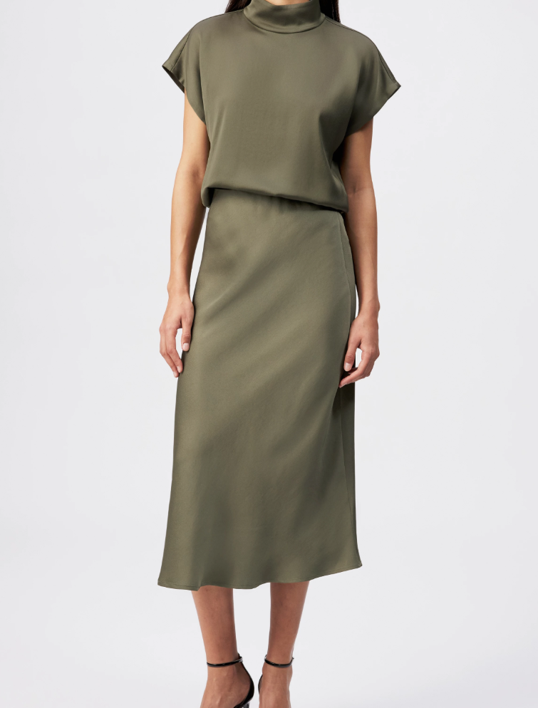 Dusty olive URA slip skirt by Drykorn in mid-waist satin with A-line silhouette for versatile, timeless elegance.