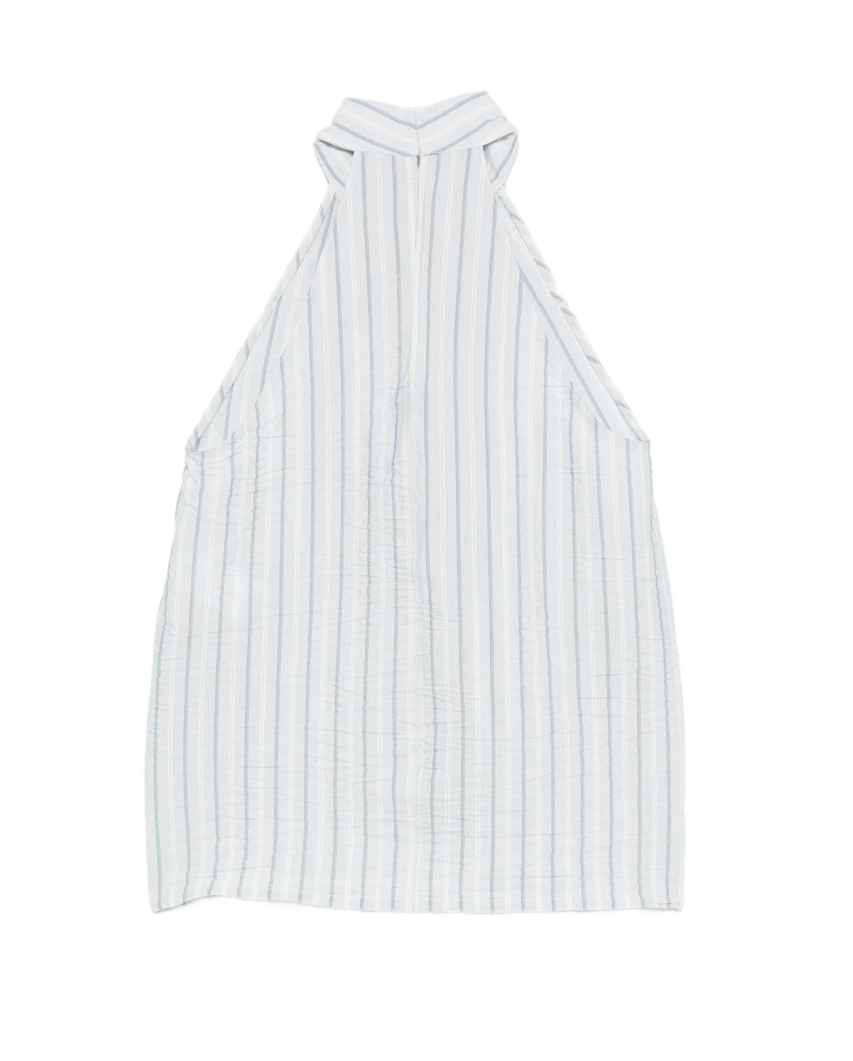 Light blue striped neckholder top by Tela, made in Italy with ruching and halter neckline for fresh, elegant summer style.