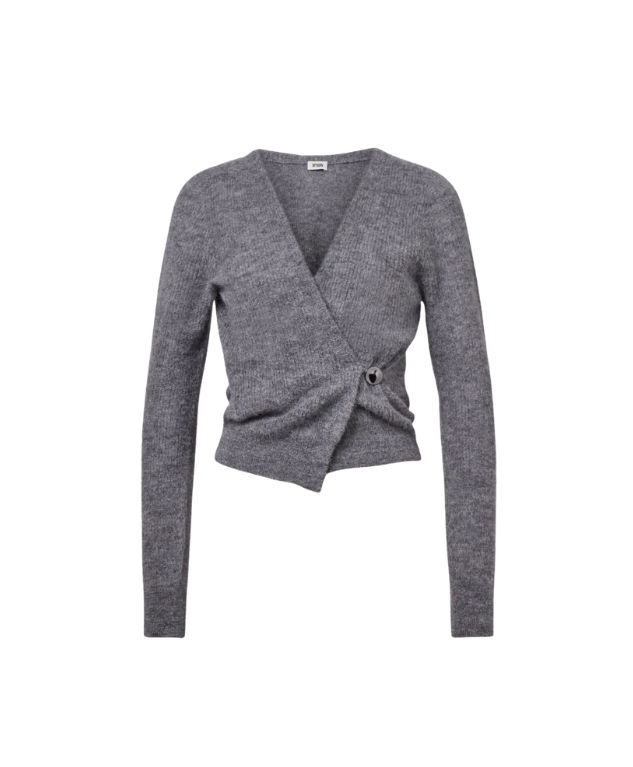 Drykorn LOBAIA Wrap Knit for women in Rainy Day Grey with an asymmetric wrap design, deep V-neck and soft alpaca blend.