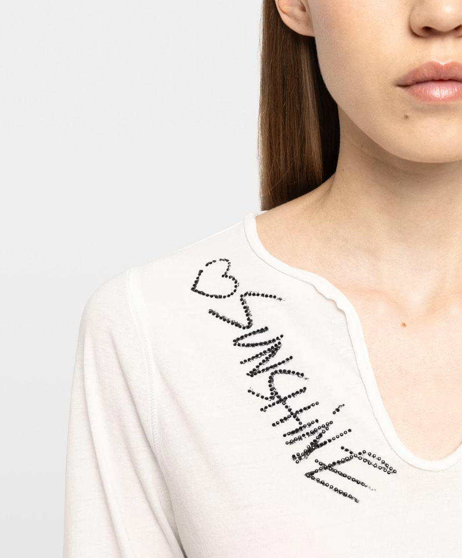 Zadig&Voltaire Happy Henley shirt for women in Judo with graphic prints, crystal embellishments, and cotton.