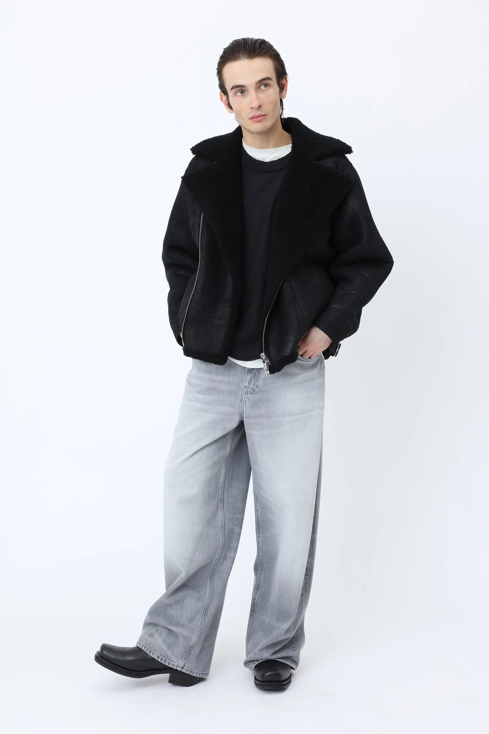 Won Hundred REMIS Shearling Jacket for men in Black, crafted from 100% lamb shearling with an oversized fit and asymmetric zip.