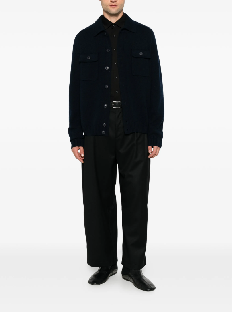 FROM FUTURE men's Cashmere Cardigan in Navy, crafted from 100% pure cashmere with a classic collar, button closure and patch pockets.
