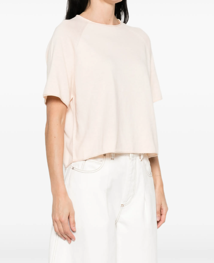 Drykorn MOENY knit T-shirt in rose with oversized fit, cotton-cashmere blend, and crew neckline.