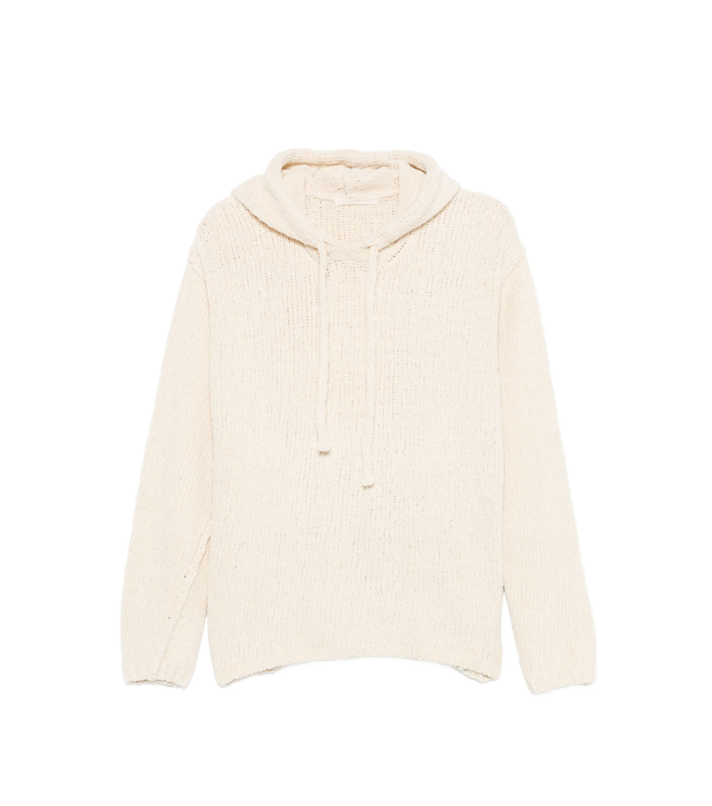 Ten C chenille cotton knit hoodie in cream with ribbed texture and drawstring hood.
