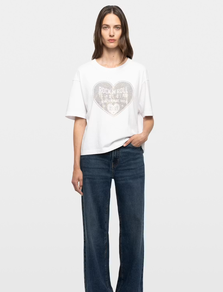 Zadig&Voltaire Taida T-shirt for women in cotton with crystal heart detail and crew neck.