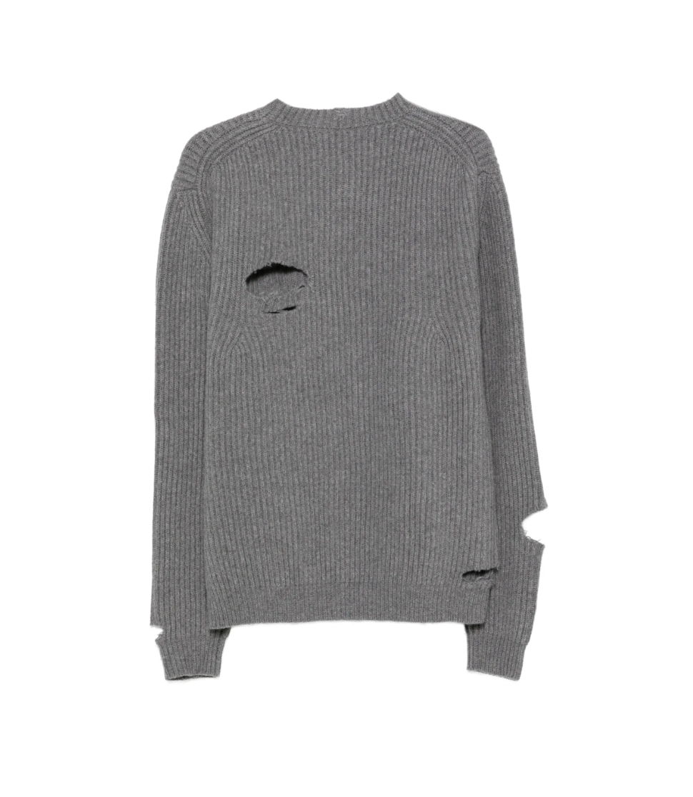 HAIKURE Linden ribbed sweater in grey with distressed detailing, crew neck and ribbed trims. Made in Italy.