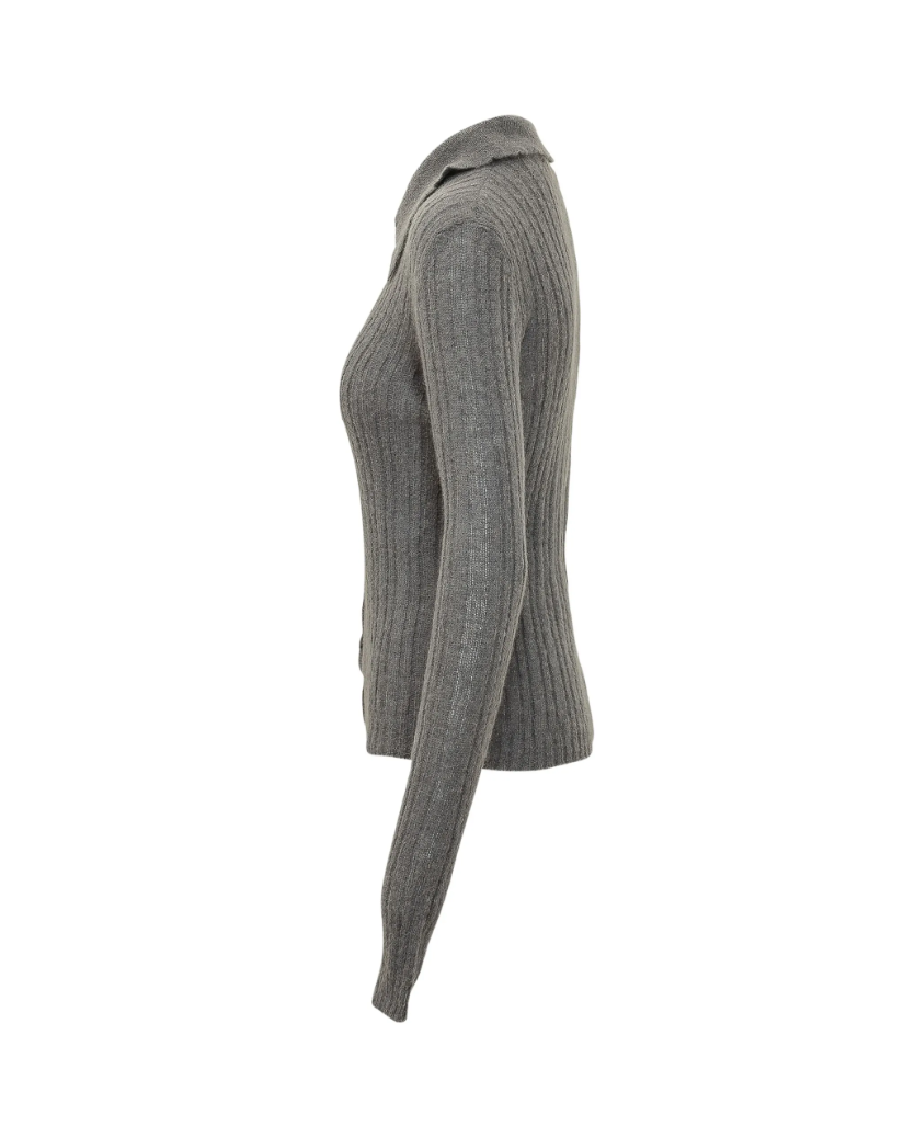 TELA JOY Ribbed Cardigan in Grigio, crafted from a soft alpaca blend with a textured ribbed knit, spread collar and button closure.
