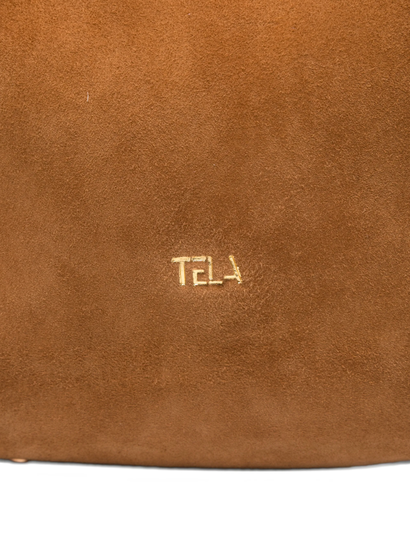 Tela suede bucket bag in tobacco brown with square shape and soft goat leather.