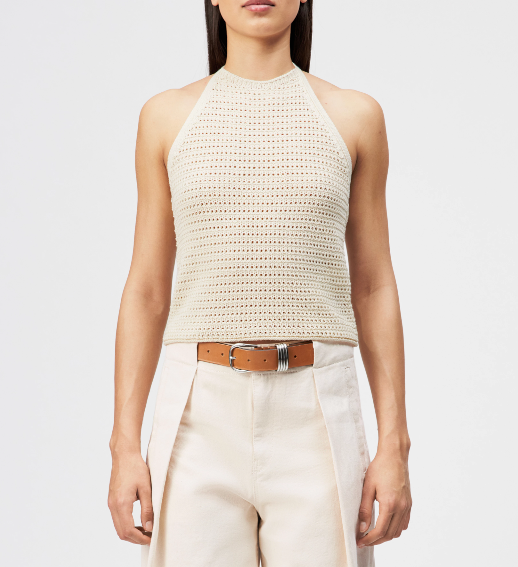 Drykorn AKWY knit top in natural white with halter neck, slim fit, and cropped length in 100% cotton.