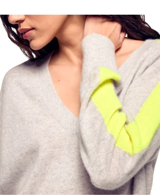 From Future V-neck cashmere sweater in light heather grey with striped sleeves and oversized cropped fit.