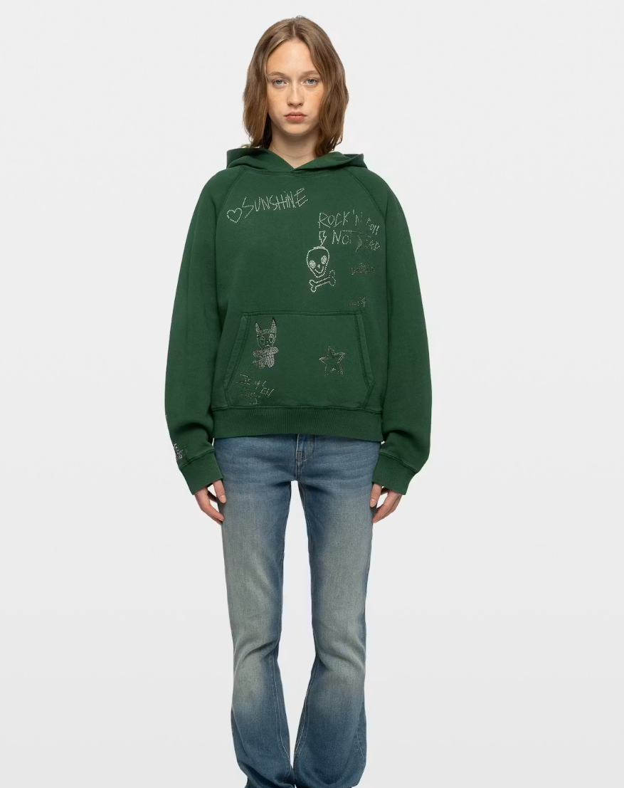 Zadig&Voltaire Georgy women's sweatshirt in Rain Forest with graphic prints, crystal embellishments, and organic cotton.