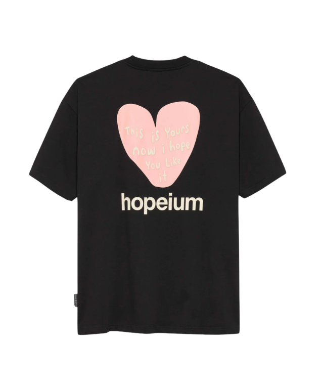 HOPEIUM men’s “THIS IS YOURS NOW” T-shirt in black with heart print, logo detail, and oversized fit.