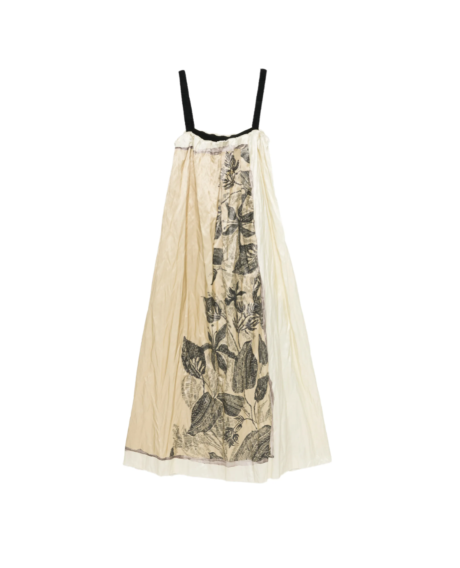 Tela D. Erin midi dress in beige with floral print, straps, and gathered details.