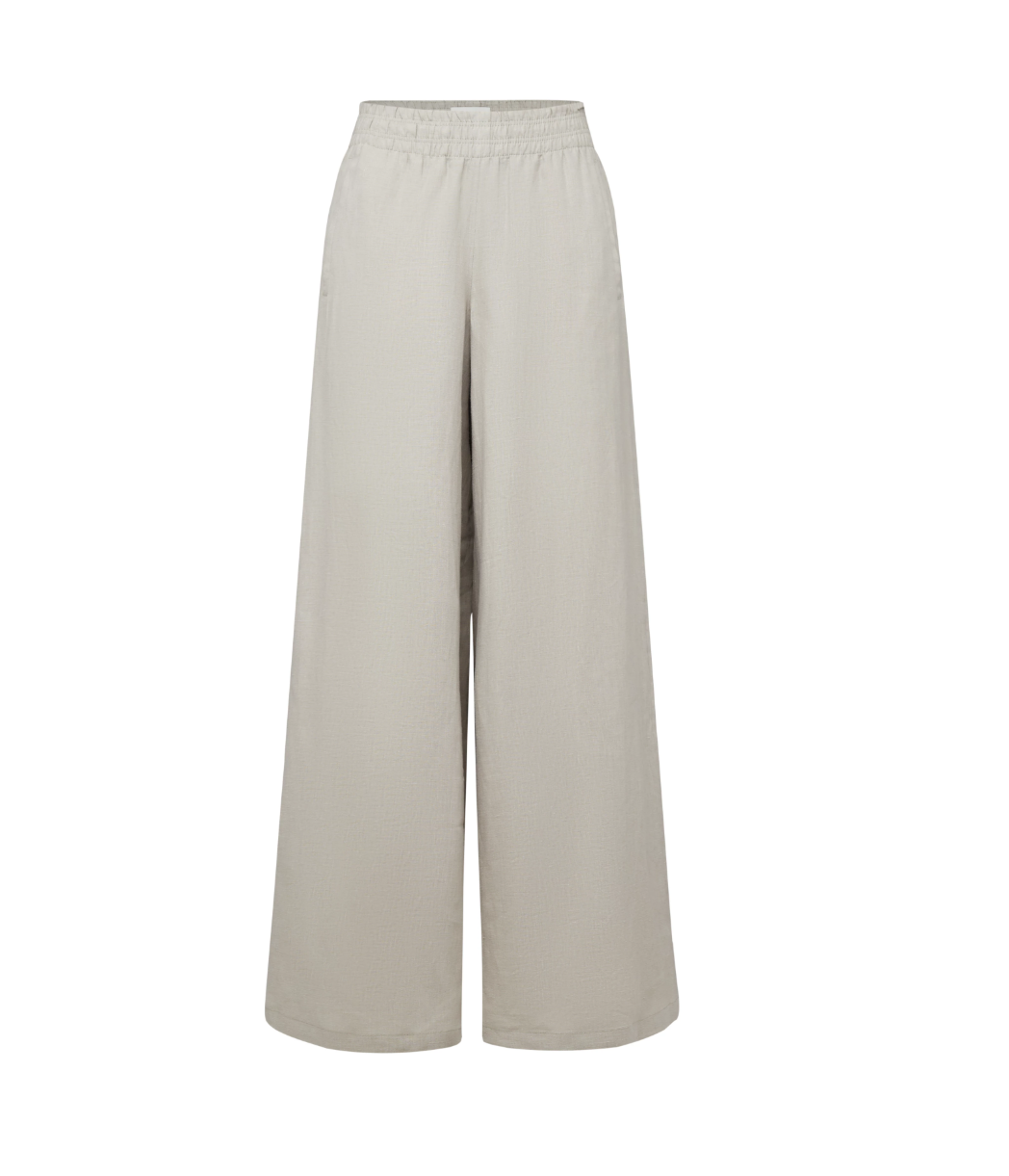 Drykorn CEILING linen trousers in dried weed with low waist, elastic waistband, and relaxed fit.