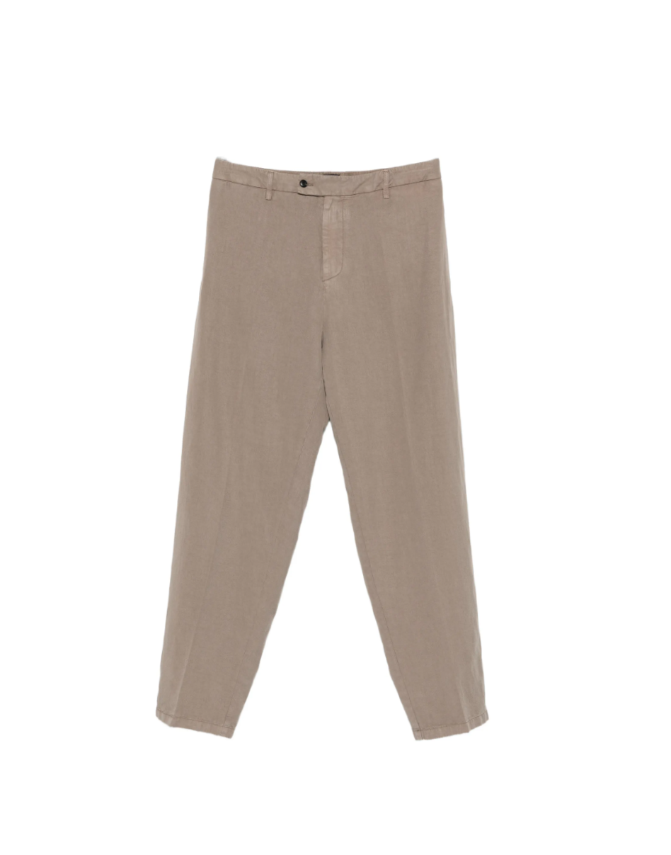 Dondup Mason trousers in brown linen-lyocell blend with relaxed fit, pressed creases, and chino styling.