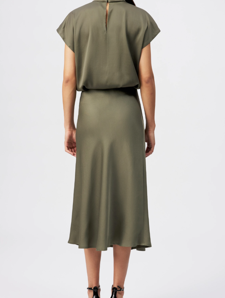 Dusty olive URA slip skirt by Drykorn in mid-waist satin with A-line silhouette for versatile, timeless elegance.