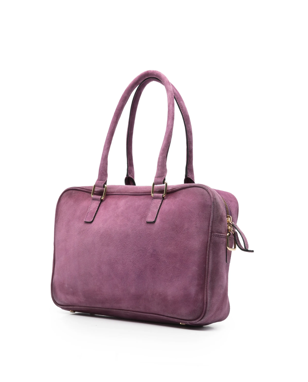 Tela suede tote bag in lilac with top handles, zip closure, and gold-tone hardware.