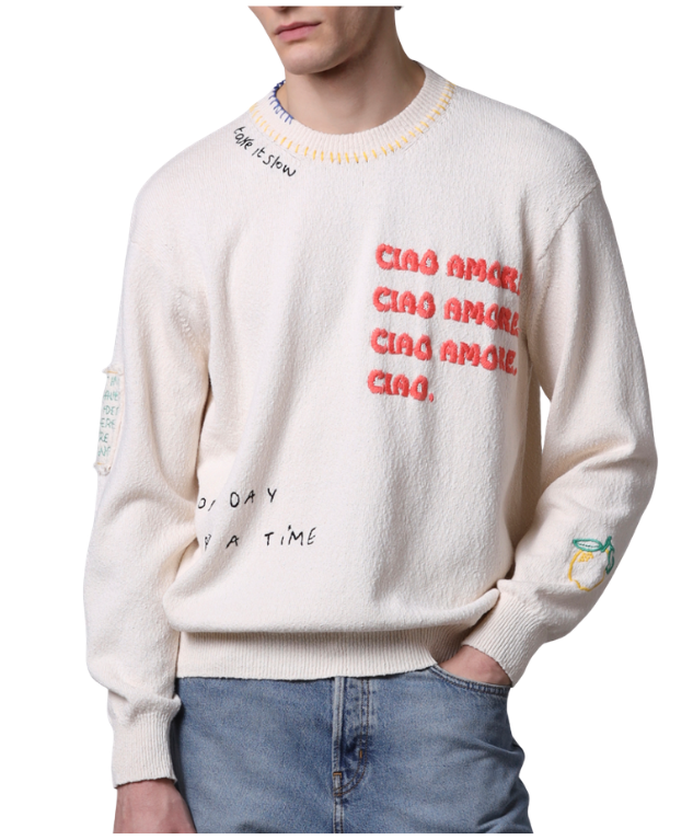 Roberto Collina “CIAO AMORE” sweater in natural with textured cotton knit, embroidered lettering, and relaxed fit.