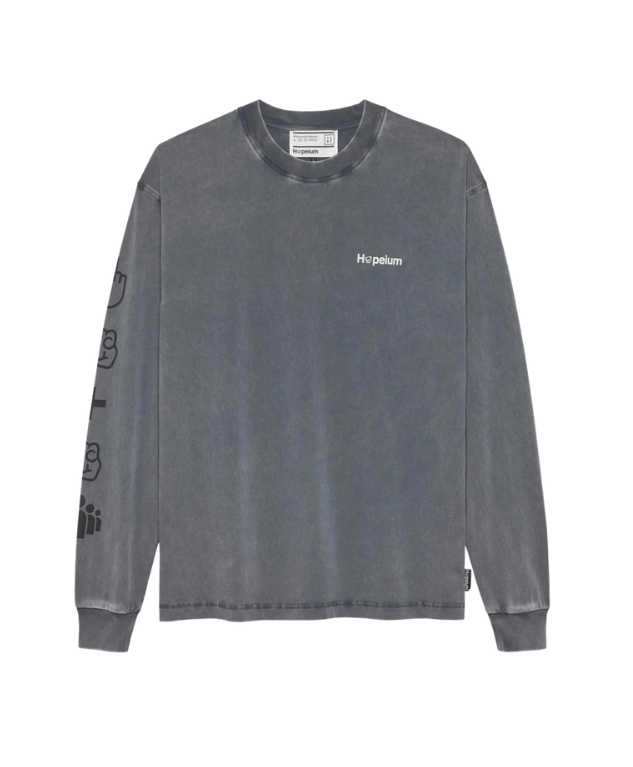 HOPEIUM longsleeve text T-shirt in washed grey with sleeve print and back text, oversized fit.