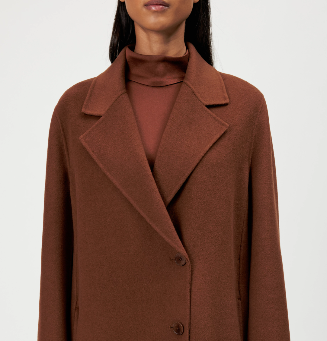 Drykorn RYTON Coat for women in Chocolate Fondant, crafted from a soft doubleface wool blend with a relaxed fit and elegant lapel.