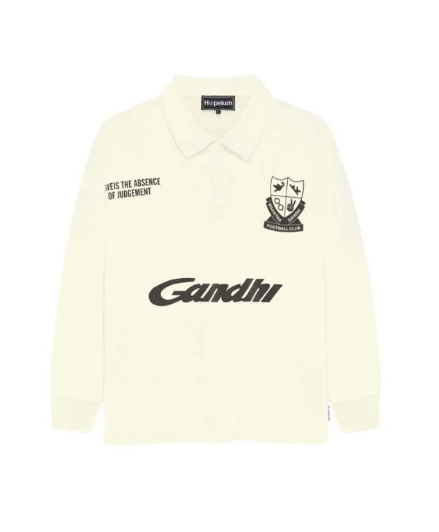 HOPEIUM Football Polo Sweat in ecru with front print, infinity back graphic, and oversized fit.