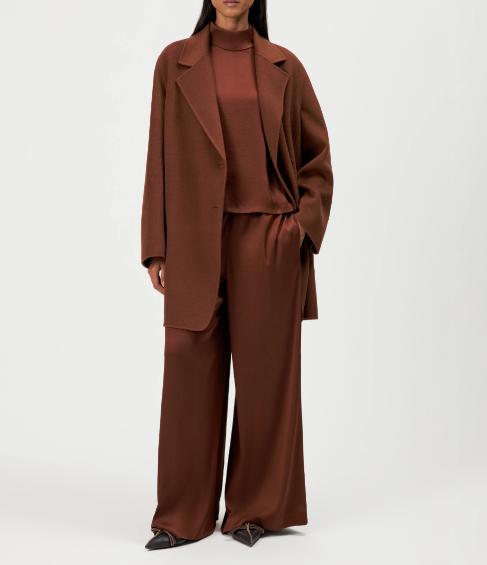 Drykorn RYTON Coat for women in Chocolate Fondant, crafted from a soft doubleface wool blend with a relaxed fit and elegant lapel.