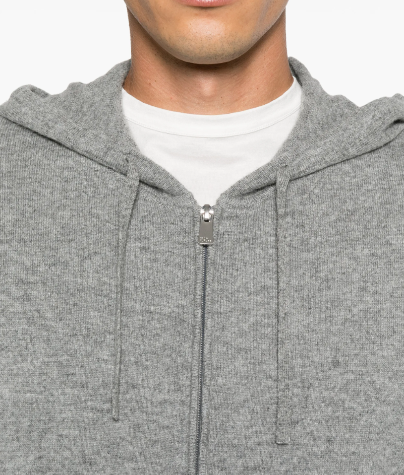 FROM FUTURE men's Hooded Cashmere Cardigan in Gris Chiné Foncé, crafted from 100% pure cashmere with a drawstring hood and zip closure.