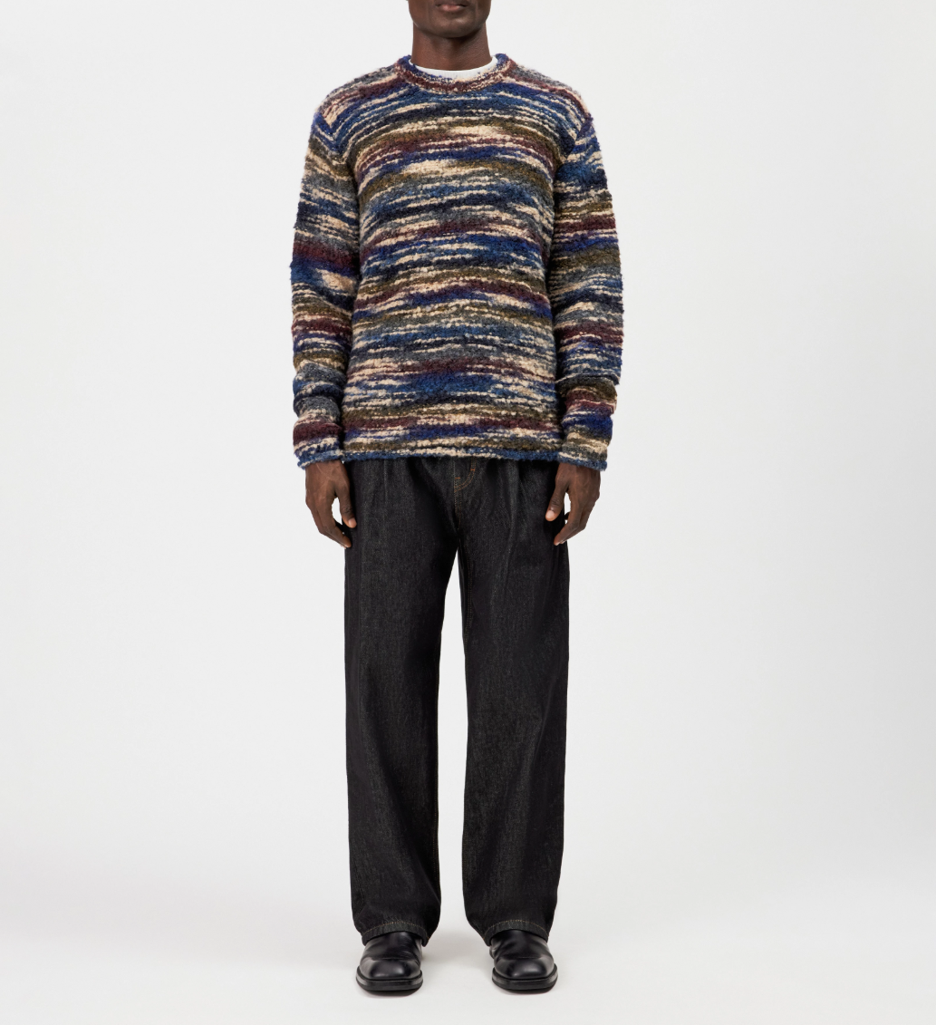 Drykorn LEANDO knit sweater for men in Smoky Blue with a relaxed fit, multicoloured space-dye effect and soft brushed wool blend.