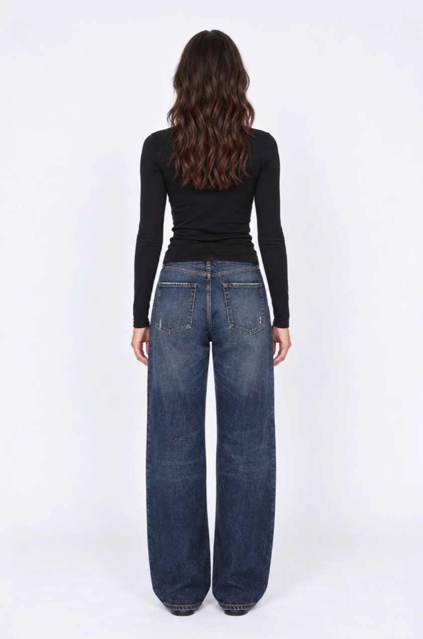 ICON DENIM Poppy Wide Leg Jeans for women in After Dark, crafted from 100% cotton rigid denim with a relaxed wide-leg fit and mid rise.