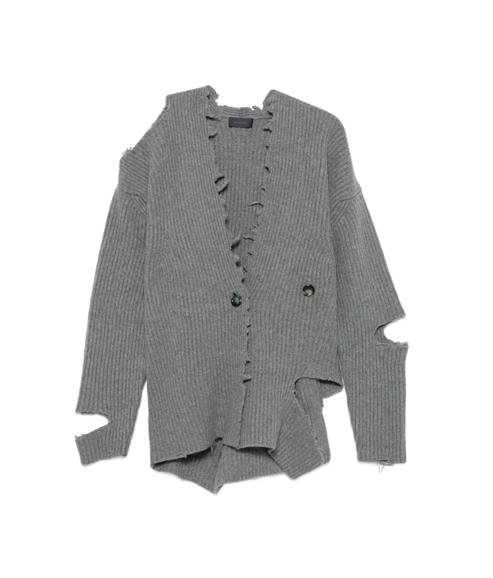 HAIKURE COURTNY Cardigan in Grey, crafted from 100% merino wool with distressed detailing, ribbed knit and an asymmetric hem.