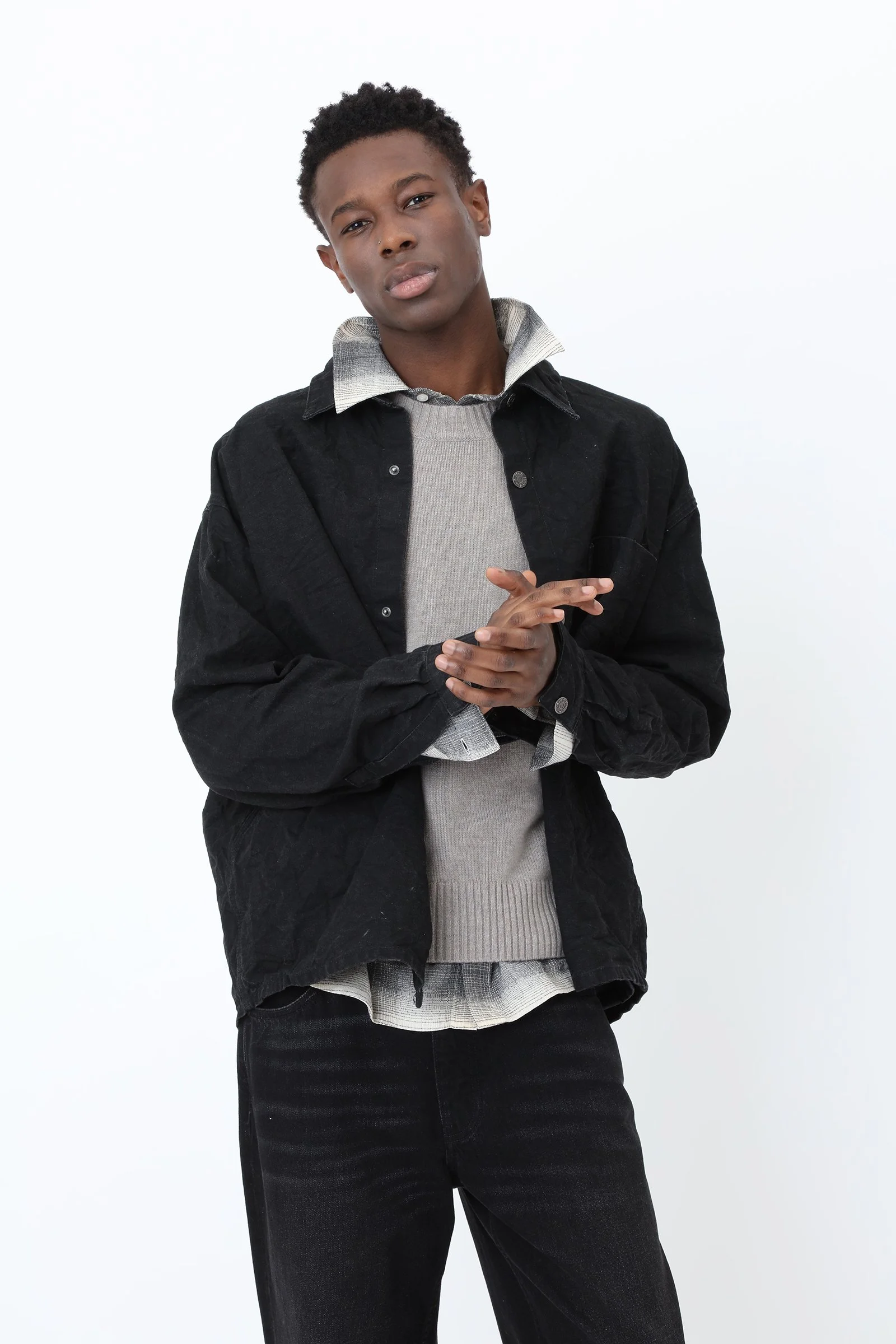 Won Hundred MAZA Denim Shirt for men in Xenon Black, featuring a regular fit, washed denim finish, pointed collar and chest pocket.