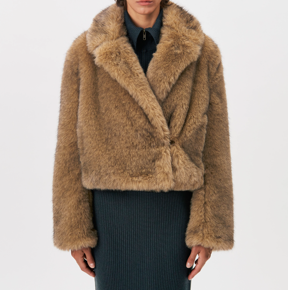 Drykorn ADWELL Faux Fur Jacket for women in warm brown with a relaxed fit, voluminous faux-fur collar and luxurious textured finish.