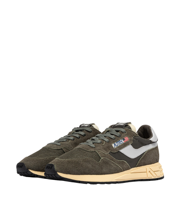 Autry Reelwind Low sneakers for men in Olive Night and Harbor Mist with nylon, suede, and retro running design.
