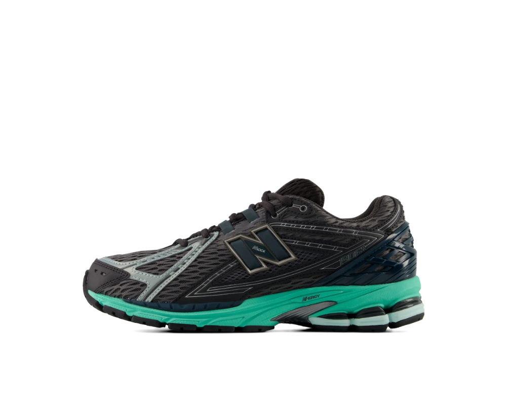 New Balance 1906R sneakers for men in black and teal with mesh upper and cushioned sole.