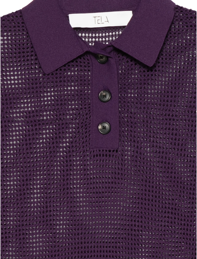 Lilac open-knit polo shirt by Tela, made in Italy with short sleeves, ribbed hem, and button placket for a refined modern look.