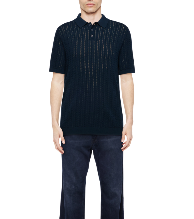 Dark blue TRITON polo shirt by Drykorn for men, 100% cotton with jacquard texture, turn-down collar, and regular fit.