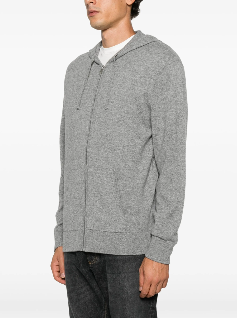 FROM FUTURE men's Hooded Cashmere Cardigan in Gris Chiné Foncé, crafted from 100% pure cashmere with a drawstring hood and zip closure.
