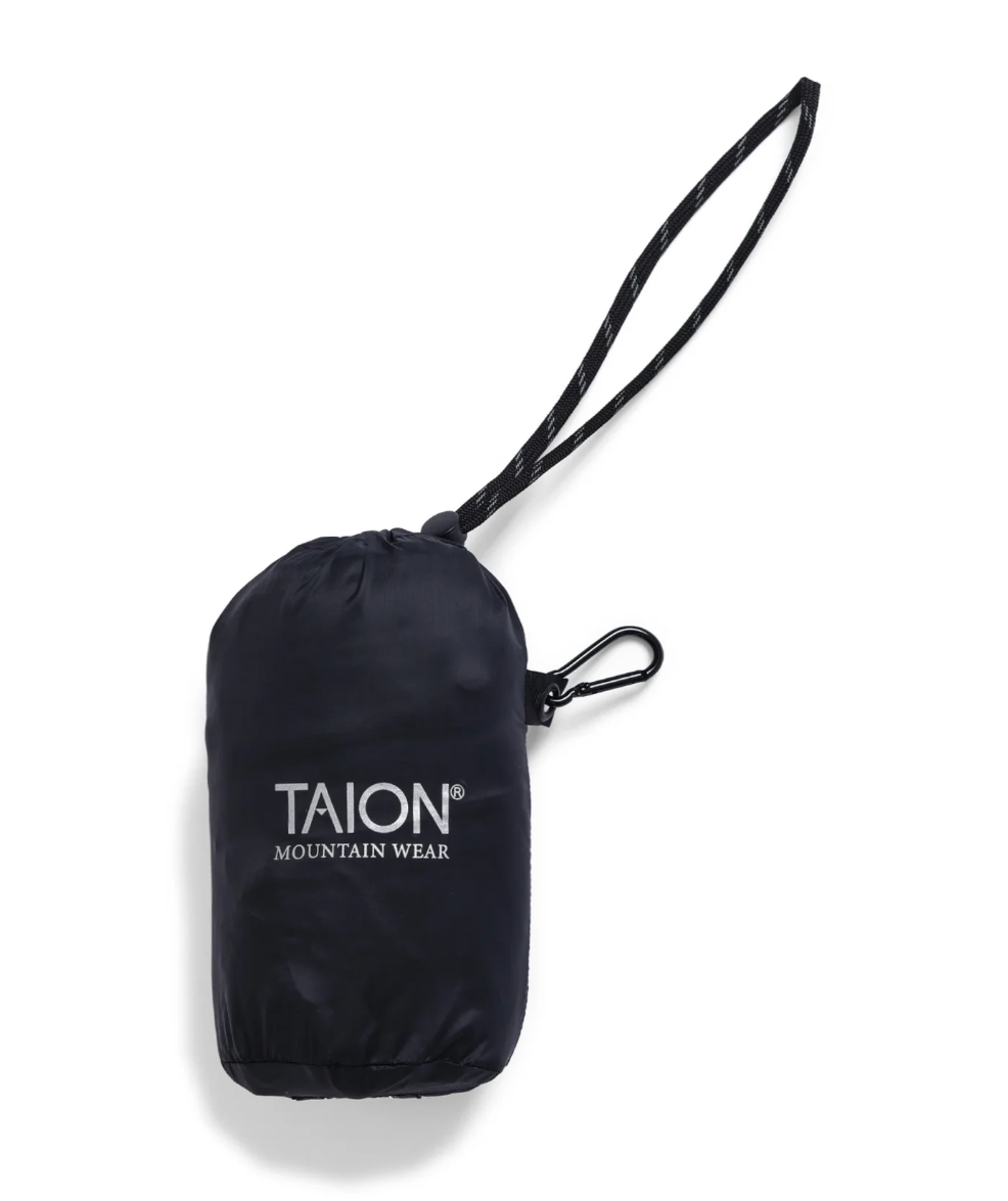TAION Unisex Mountain Packable Volume Down Hood Coat in black with 800FP down and included storage bag.