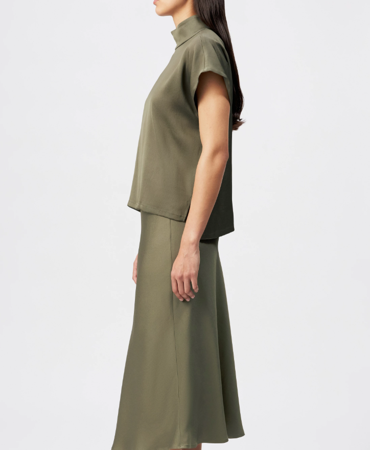 Dusty olive ALARIA_1 blouse by Drykorn in relaxed fit with stand collar, short sleeves, and eco-friendly satin for elegant everyday style.