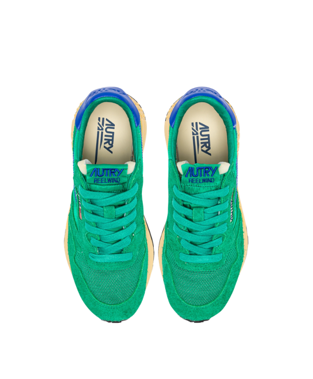 Autry Reelwind Low sneakers in Emerald and Dazzling Blue with nylon, suede, and retro running design.