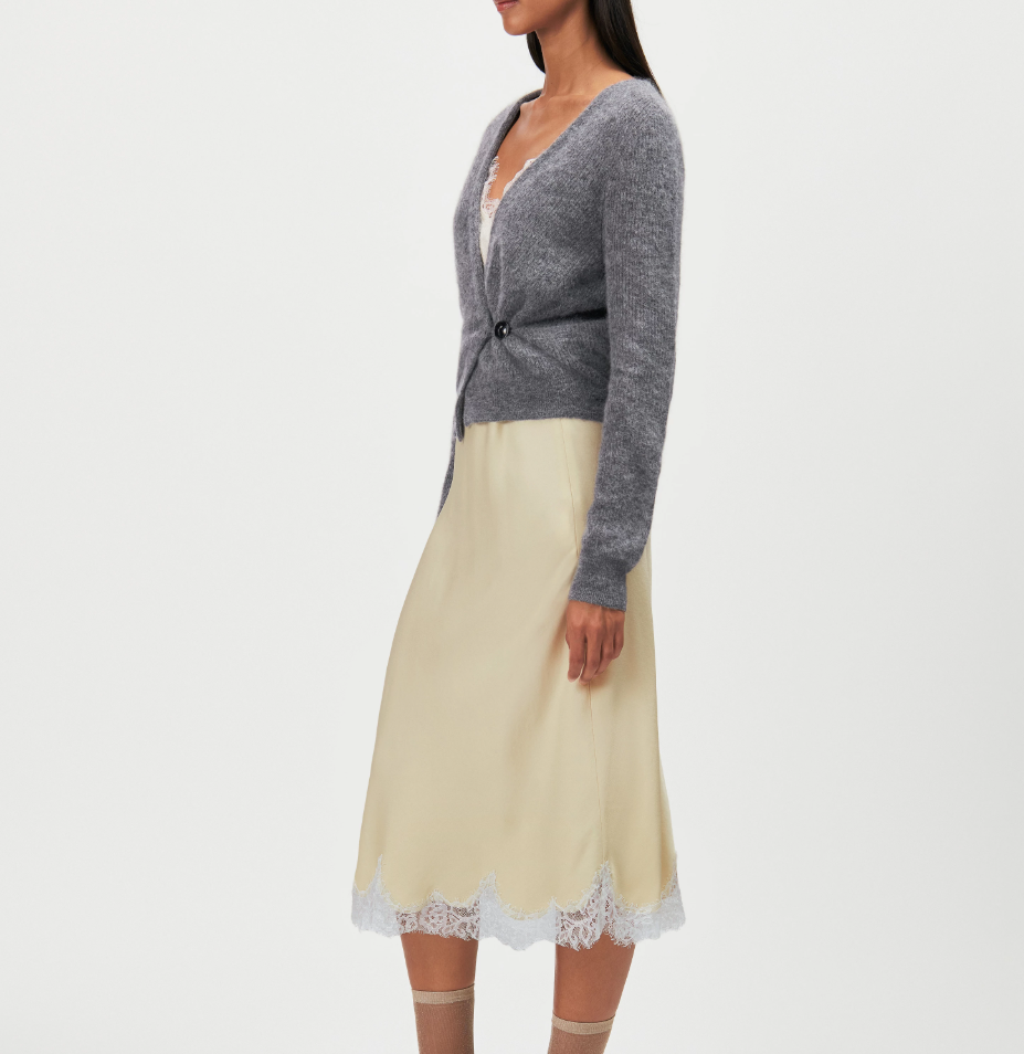 Drykorn LOBAIA Wrap Knit for women in Rainy Day Grey with an asymmetric wrap design, deep V-neck and soft alpaca blend.