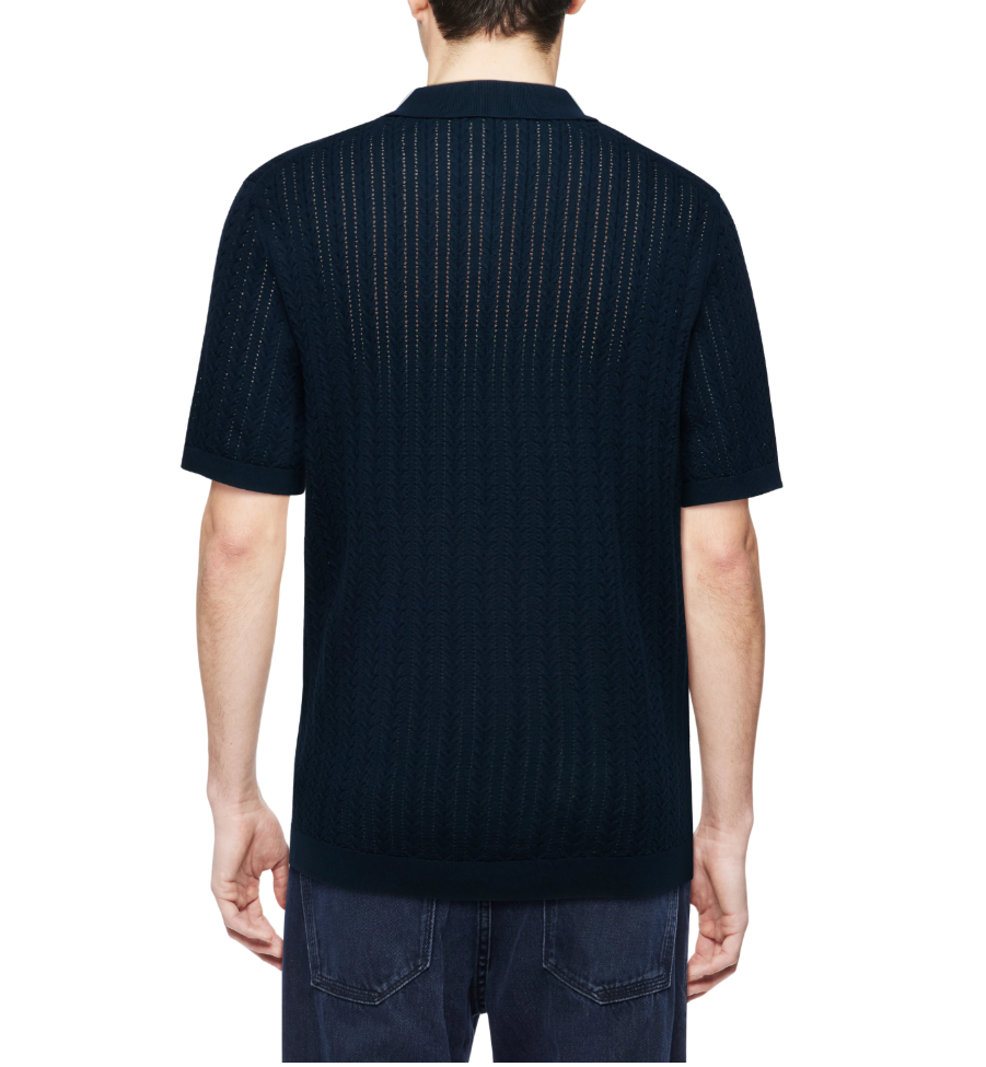 Dark blue TRITON polo shirt by Drykorn for men, 100% cotton with jacquard texture, turn-down collar, and regular fit.