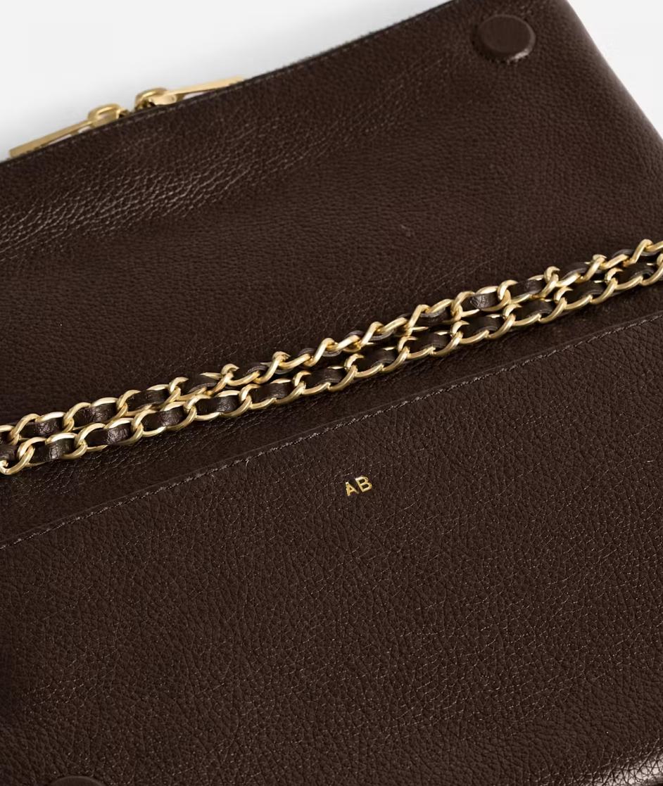 Zadig&Voltaire Rock clutch in Brownie grained leather with crystal wings and removable chain straps.