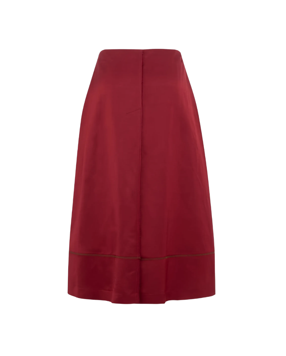 TELA Wool-Blend Satin Midi Skirt in Cherry Red, featuring soft pleats, fluid movement and distinctive contrast stitching.