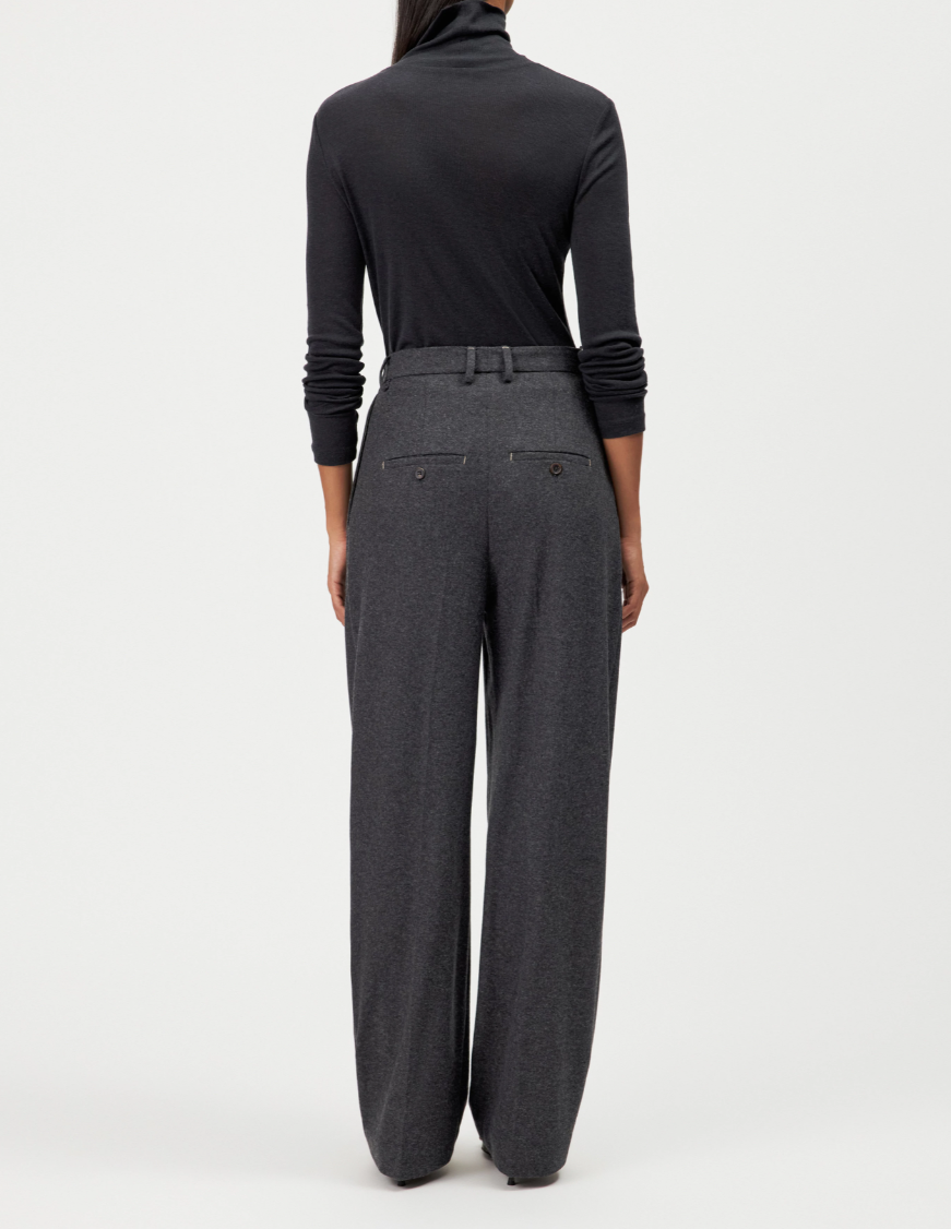 Drykorn ELIDE Trousers for women in Jet Black with a high waist, pleated O-shape and soft brushed wool-blend jersey.