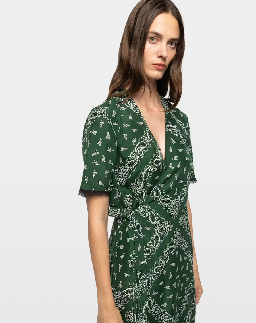 Zadig&Voltaire Reforme silk dress in Meadow with bandana print, asymmetric wrap silhouette, and Wings embroidery.